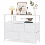 ACCVER 5-Drawer Dresser with Shelves, TV Stand with Fabric Drawers for Living Room, Closet and Chest for Bedroom & Apartment, Clothes Storage Organizer, White