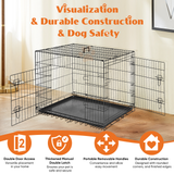 Double Door Dog Crate Folding Metal Wire Pet Kennel with Divider Panel & Leak-Proof Tray Black