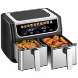 LIFERECORD Air Fryer 9QT Dual Basket with LED Digital Color Display, SYNC Match Cook, Independent Dual Controls, 1700W, 10 Food Presets, Stainless Steel, Black