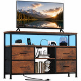 ACCVER Dresser for Bedroom TV Stand with LED Lights & Charging Station, Entertainment Center with 4 Fabric Drawers & Open Shelf for Bedroom Living Room Hallway, Brown
