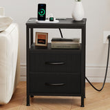 Atilioo Nightstand with Charging Station, Bedside Table with 2 Adjustable Fabric Drawers, 3-Tier Storage End Table for Living Room Bedroom, Black-Brown