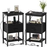 Atilioo Nightstand with Charging Station, Adjustable Fabric Drawer Bedside Table, 3-Tier Storage End Table for Living Room Bedroom, Black-Brown