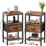 Atilioo Nightstand with Charging Station, Adjustable Fabric Drawer Bedside Table, 3-Tier Storage End Table for Living Room Bedroom, Black-Brown