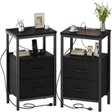Atilioo Nightstand with Charging Station, Bedside Table with 2 Adjustable Fabric Drawers, 3-Tier Storage End Table for Living Room Bedroom, Black-Brown