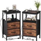 Atilioo Nightstand with Charging Station, Bedside Table with 2 Adjustable Fabric Drawers, 3-Tier Storage End Table for Living Room Bedroom, Black-Brown