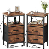 Atilioo Nightstand with Charging Station, Bedside Table with 2 Adjustable Fabric Drawers, 3-Tier Storage End Table for Living Room Bedroom, Black-Brown