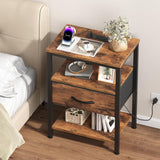 Atilioo Nightstand with Charging Station, Adjustable Fabric Drawer Bedside Table, 3-Tier Storage End Table for Living Room Bedroom, Black-Brown