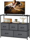 Atilioo 5 Drawer Dresser, Fabric Storage Chest with TV Stand, Open Shelf, Adjustable Feet, Bedroom or Living Room, Black
