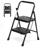 Atilioo 2 Step Ladder, Folding Portable Step Stool with Heavy-Duty Steel Frame & Widened Anti-Slip Pedal, Space-Saving Ladder for Home Office, Black