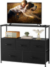 Atilioo 5 Drawer Dresser, Fabric Storage Chest with TV Stand, Open Shelf, Adjustable Feet, Bedroom or Living Room, Black