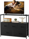 Atilioo 5 Drawer Dresser, Fabric Storage Chest with TV Stand, Open Shelf, Adjustable Feet, Bedroom or Living Room, Black