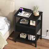Atilioo Nightstand with Charging Station, Adjustable Fabric Drawer Bedside Table, 3-Tier Storage End Table for Living Room Bedroom, Black-Brown