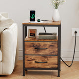 Atilioo Nightstand with Charging Station, Bedside Table with 2 Adjustable Fabric Drawers, 3-Tier Storage End Table for Living Room Bedroom, Black-Brown