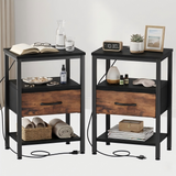 Atilioo Nightstand with Charging Station, Adjustable Fabric Drawer Bedside Table, 3-Tier Storage End Table for Living Room Bedroom, Black-Brown