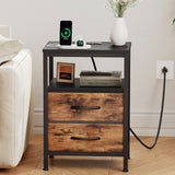 Atilioo Nightstand with Charging Station, Bedside Table with 2 Adjustable Fabric Drawers, 3-Tier Storage End Table for Living Room Bedroom, Black-Brown