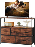 Atilioo 5 Drawer Dresser, Fabric Storage Chest with TV Stand, Open Shelf, Adjustable Feet, Bedroom or Living Room, Black