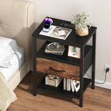 Atilioo Nightstand with Charging Station, Adjustable Fabric Drawer Bedside Table, 3-Tier Storage End Table for Living Room Bedroom, Black-Brown