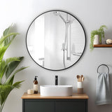 24 inch Circle Mirror, Round Mirror with Black Metal Frame, Hanging Wall Mounted Mirror for Living Room, Bedroom, Over Sink, Vanity