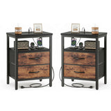 LIFERECORD Nightstand Set of 2 with 2 Fabric Drawers, Nightstand with Charging Station, End Tables with Storage Shelf for Small Spaces, Bedside Table Side Tables for Bedroom, Black & Brown