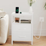 Atilioo Nightstand with Charging Station, Bedside Table with 2 Adjustable Fabric Drawers, 3-Tier Storage End Table for Living Room Bedroom, Black-Brown