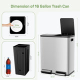 Atilioo 16 Gallon Dual Compartment Trash Can, Stainless Steel Garbage Can with Foot Pedal, Soft-Close Lid, 2 x 30 L Large Capacity Recycling Bin, Perfect for Kitchen, Office