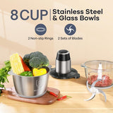 Haysky Electric Food Processors, Meat Grinder & Vegetable Chopper, 8 Cups Dual-Bowls, Stainless Steel Blades, Black
