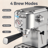 Atilioo 20 Bar Espresso Machine with Pressure Gauge, Compact Stainless Steel Coffee Maker with Milk Frother Steam Wand for Latte, Cappuccino, Easy to Clean