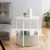 IULULU Small Round Side Table with Fabric Basket, Steel Frame