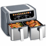 LIFERECORD Air Fryer 9QT Dual Basket with LED Digital Color Display, SYNC Match Cook, Independent Dual Controls, 1700W, 10 Food Presets, Stainless Steel, Grey