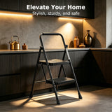Atilioo 2 Step Ladder, Folding Portable Step Stool with Heavy-Duty Steel Frame & Widened Anti-Slip Pedal, Space-Saving Ladder for Home Office, Black