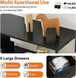 Atilioo 5 Drawer Dresser, Fabric Storage Chest with TV Stand, Open Shelf, Adjustable Feet, Bedroom or Living Room, Black