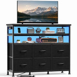 ACCVER Dresser for Bedroom TV Stand with LED Lights & Charging Station, Entertainment Center with 6 Fabric Drawers & Open Shelf for Bedroom Living Room Hallway, Black