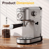 Atilioo 20 Bar Espresso Machine with Pressure Gauge, Compact Stainless Steel Coffee Maker with Milk Frother Steam Wand for Latte, Cappuccino, Easy to Clean