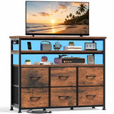 ACCVER Dresser for Bedroom TV Stand with LED Lights & Charging Station, Entertainment Center with 6 Fabric Drawers & Open Shelf for Bedroom Living Room Hallway, Brown