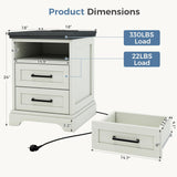 Atilioo Farmhouse Nightstand with Charging Station & USB Ports, Heavy Duty Wood Bedside Table with 2 Drawers, White