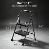 Atilioo 2 Step Ladder, Folding Portable Step Stool with Heavy-Duty Steel Frame & Widened Anti-Slip Pedal, Space-Saving Ladder for Home Office, Black