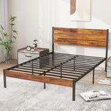 Atilioo Full Bed Frame with Headboard, Metal Mattress Foundation Headboard, No Box Spring Needed, Noise-Free, Brown