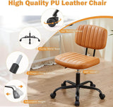 Atilioo Office Desk Chair, Armless Computer Chair with Wheels, PU Leather, Lumbar Support, 360° Rolling Swivel Task Chair for Home Office, Brown