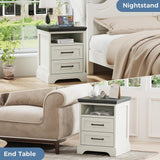 Atilioo Farmhouse Nightstand with Charging Station & USB Ports, Heavy Duty Wood Bedside Table with 2 Drawers, White