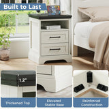 Atilioo Farmhouse Nightstand with Charging Station & USB Ports, Heavy Duty Wood Bedside Table with 2 Drawers, White