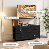 Atilioo 5 Drawer Dresser, Fabric Storage Chest with TV Stand, Open Shelf, Adjustable Feet, Bedroom or Living Room, Black