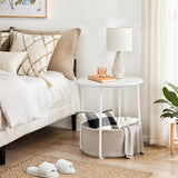 IULULU Small Round Side Table with Fabric Basket, Steel Frame