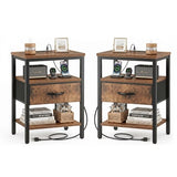 LIFERECORD Nightstand Set of 2 with Fabric Drawer, Nightstand with Charging Station, End Tables with Storage Shelf for Small Spaces, Bedside Table Side Tables for Bedroom, Rustic Brown