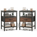 LIFERECORD Nightstand Set of 2 with Fabric Drawer, Nightstand with Charging Station, End Tables with Storage Shelf for Small Spaces, Bedside Table Side Tables for Bedroom, Black & Brown