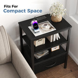 Atilioo Nightstand with Charging Station, Adjustable Fabric Drawer Bedside Table, 3-Tier Storage End Table for Living Room Bedroom, Black-Brown