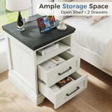 Atilioo Farmhouse Nightstand with Charging Station & USB Ports, Heavy Duty Wood Bedside Table with 2 Drawers, White