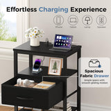 Atilioo Nightstand with Charging Station, Adjustable Fabric Drawer Bedside Table, 3-Tier Storage End Table for Living Room Bedroom, Black-Brown