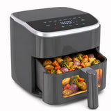 LIFERECORD Flat Air Fryer 4QT w/ Digital Touch Controls & Easy-View Window, Non‑Stick Dishwasher Safe Basket, 1500W, 8 Food Presets, Overheat Protection & Auto Shut‑Off, Grey
