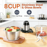 Atilioo 8 Cup Food Processors, Fast Meat Grinder & Vegetable Chopper, Dual-Bowls, Stainless Steel Blades, BPA Free, Black