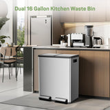 Atilioo 16 Gallon Dual Compartment Trash Can, Stainless Steel Garbage Can with Foot Pedal, Soft-Close Lid, 2 x 30 L Large Capacity Recycling Bin, Perfect for Kitchen, Office